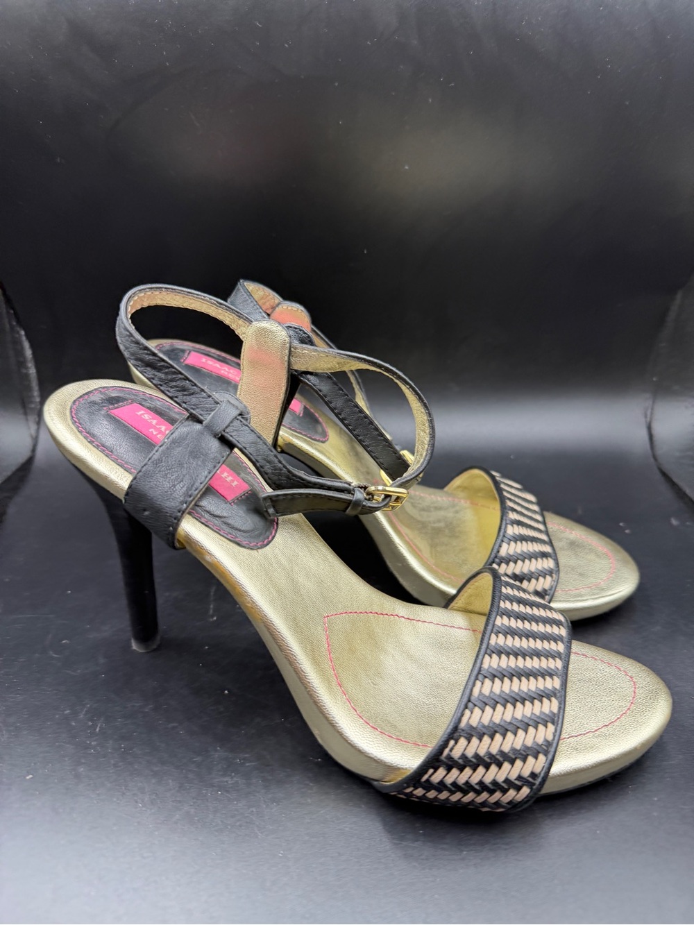 Women’s Black and Gold Woven Strap High Heel Sandals